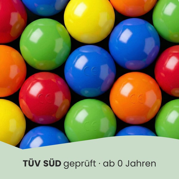 Kunststoffbälle für Bällebäder mit europäischer Konformitätskennzeichnung, TUEV SUED geprüft und geeignet für Kinder ab null Jahren.
