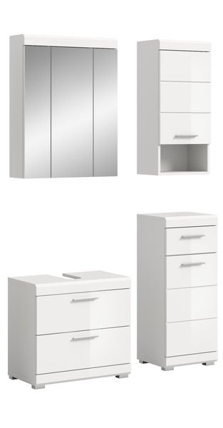 Badezimmermöbel-Set bestehend aus Spiegelschrank, Waschbeckenunterschrank, Hängeschrank und Seitenschrank in Weiß.