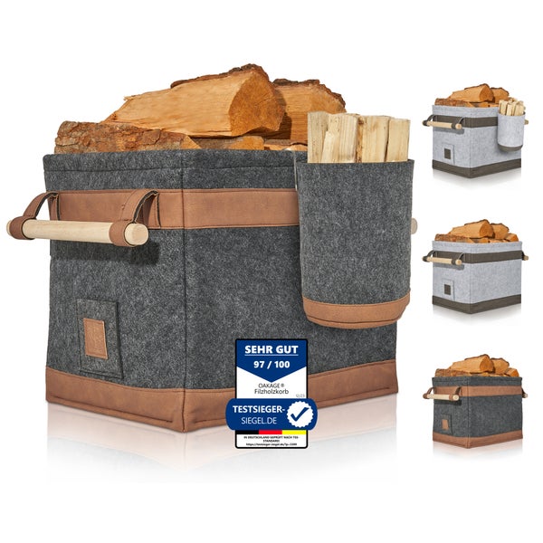 OAKAGE® FireMaster Duo Dunkelgrau Holzkorb Filz - Einhängbarer Zündholzkorb - 42x32x35cm