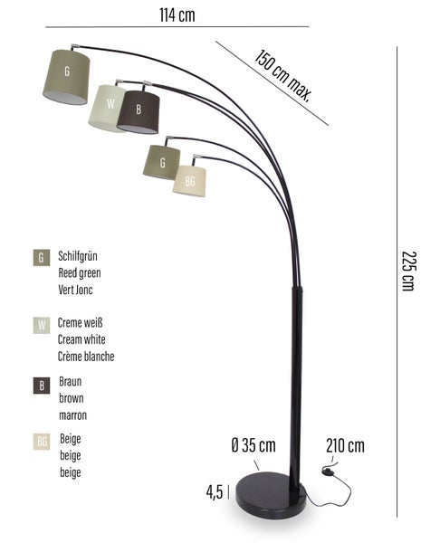 Bogenleuchte Nivia 5-armig schwarz Stoffschirme in Brauntönen 225cm 11041