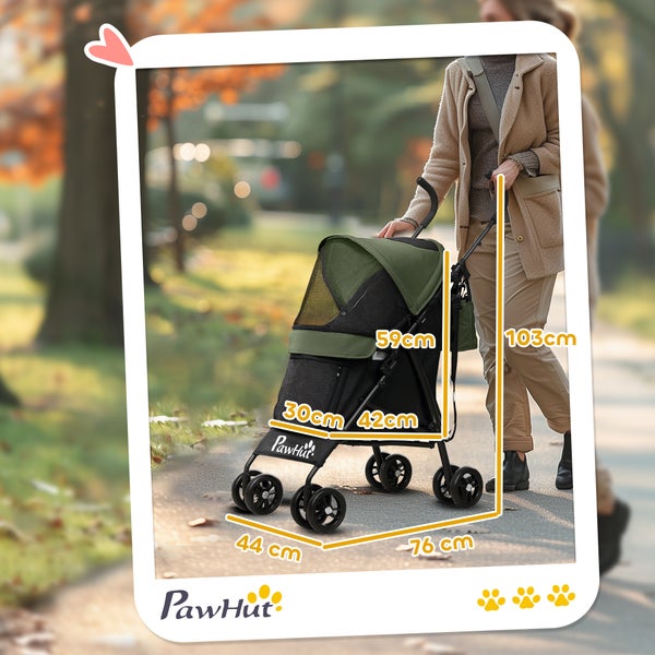 PawHut Hundewagen Hundebuggy klappbar für Hunde & Katzen bis 4 kg Katzenbuggy mit Netzfenstern, Schultergurt, Aufbewahrungstasche, Becherhalter Regenschirm Katzenwagen Dunkelgrün