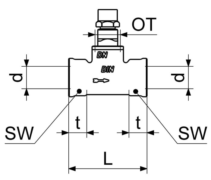 Technische Zeichnung eines Ventils mit Maßangaben für Durchmesser, Länge und Schlüsselweite.