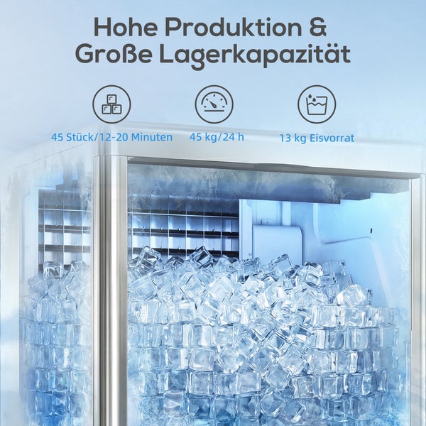 Eiswürfelbereiter mit hoher Produktion und Lagerkapazität: 45 Stück pro 12 bis 20 Minuten, 45 Kilogramm pro Tag, 13 Kilogramm Vorrat.