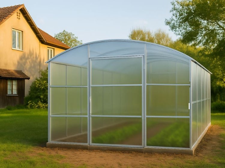 Gewächshaus mit Tür zur Pflanzenzucht im Garten