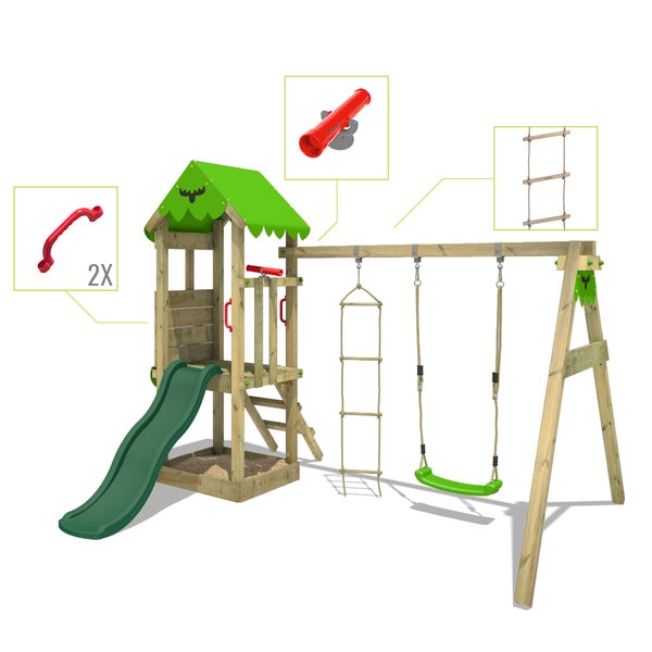 Fatmoose Spielturm Klettergerüst FriendlyFrenzy mit Schaukel und Rutsche, Kletterturm mit Sandkasten, Leiter und Spiel-Zubehör – apfelgrün
