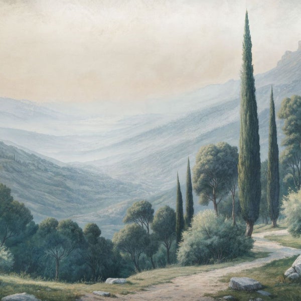 Gemälde einer Landschaft mit Zypressen und Bergen