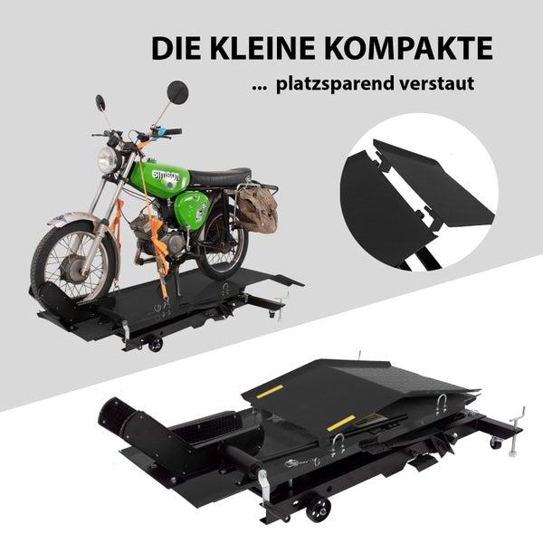 Motorradwippe mit Motorrad und Detailansicht der platzsparenden Aufbewahrung
