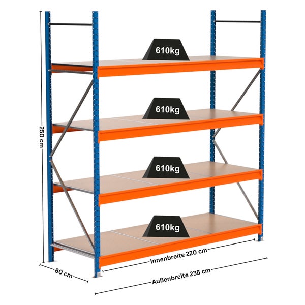 Regal mit vier Ebenen und den Maßen 250 mal 80 mal 235 Zentimeter