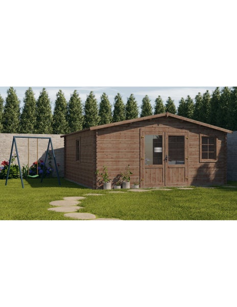 Großes Gartenhaus aus Holz mit Satteldach, Doppeltür mit Lichtausschnitten und Fenster im Garten mit Rasenfläche und Schaukel.