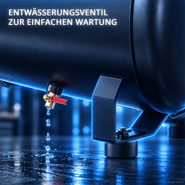 Entwässerungsventil an einem Druckluftkessel zur einfachen Wartung und Kondenswasserablass.