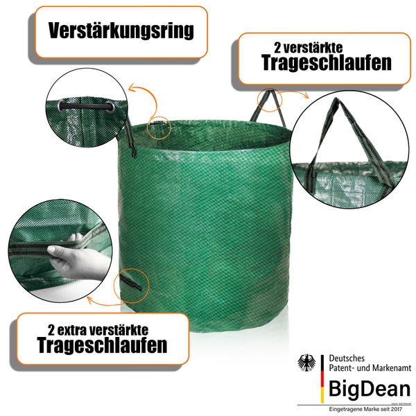 Gartensack mit Verstärkungsring und verstärkten Trageschlaufen.