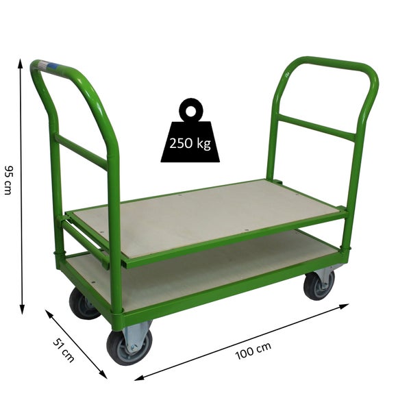 Etagenwagen mit zwei Ladeflächen, 250 Kilogramm Tragkraft, Maße 100 mal 51 mal 95 Zentimeter.