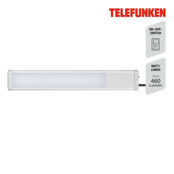 Telefunken LED-Unterbauleuchte mit An- und Ausschalter, 4 Watt, 460 Lumen. Telefunken Logo.