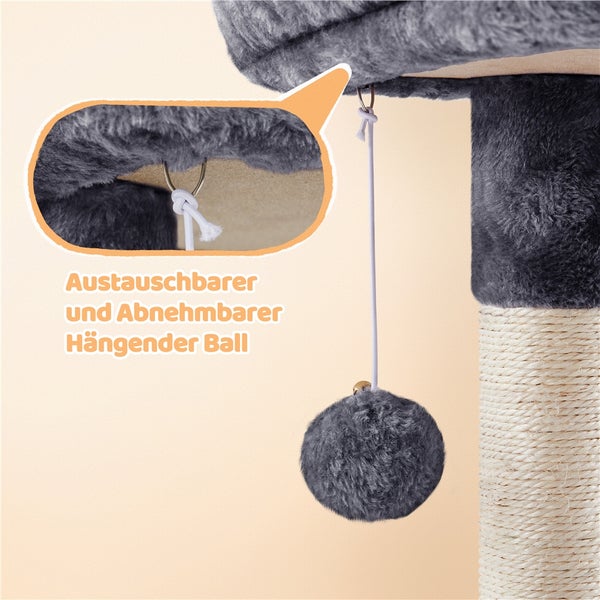 Detail eines Katzenkratzbaums mit austauschbarem, abnehmbarem Hängeball