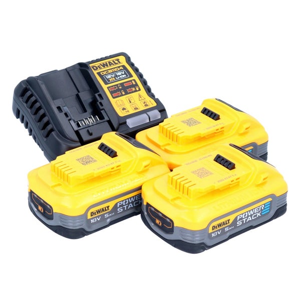 DeWalt Akku-Starter-Set mit drei 18 Volt 5 Amperestunden Powerstack Lithium-Ionen-Akkus und einem Multi-Voltage-Ladegerät.