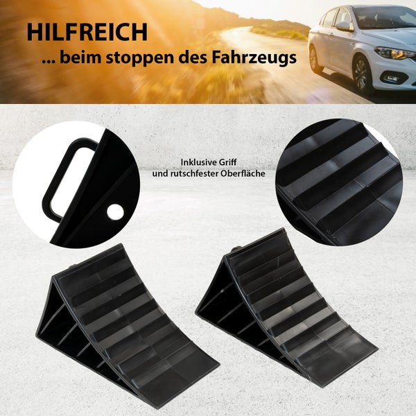 Zwei schwarze Unterlegkeile für Fahrzeuge mit Griff und rutschfester Oberfläche