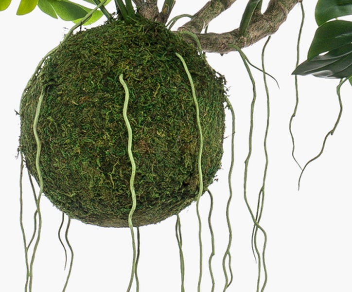 Künstlicher Moosball im Kokedama-Stil mit herabhängenden Wurzeln und einem Zweig.