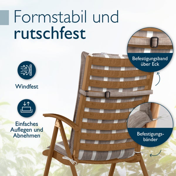Gartenstuhlauflage auf Holzstuhl mit Eckspanngurt und Bindebändern für rutschfesten Halt. Windfest, formstabil und einfach in der Handhabung.