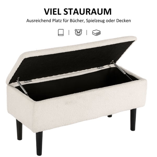 HOMCOM Sitzbank mit Stauraum, Bettbank, Polsterbank mit Klappdeckel, Samtoptik, Truhenbank, für Wohnzimmer, Schlafzimmer, Cremeweiß, 95 x 38 x 45 cm