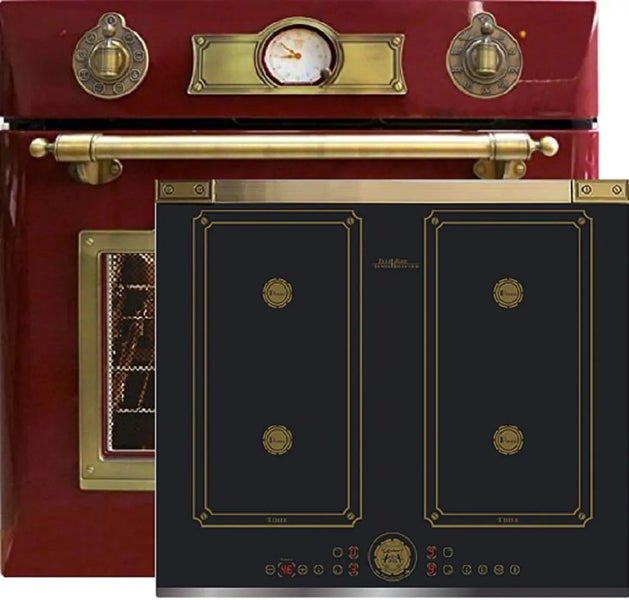 Einbau Backofen und Induktionskochfeld im Vintage Design mit metallischen Akzenten und analoger Zeitanzeige.