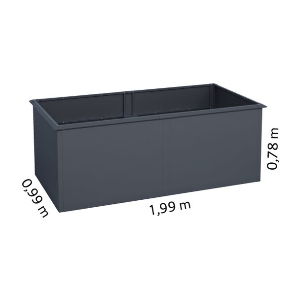 Graues Metall-Hochbeet, rechteckig, Maße 1,99 Meter Länge, 0,99 Meter Breite, 0,78 Meter Höhe.