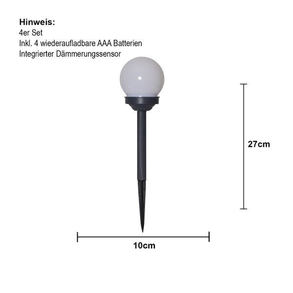 Gartenleuchte inklusive vier wiederaufladbarer AAA Batterien mit Dämmerungssensor, Set mit vier Stück