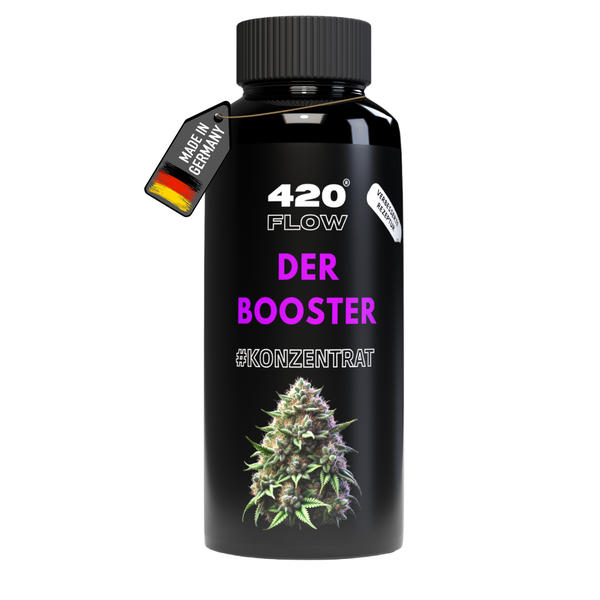 Flasche mit 420 Flow Booster Konzentrat mit Pflanzenmotiv und Herkunftsnachweis Made in Germany
