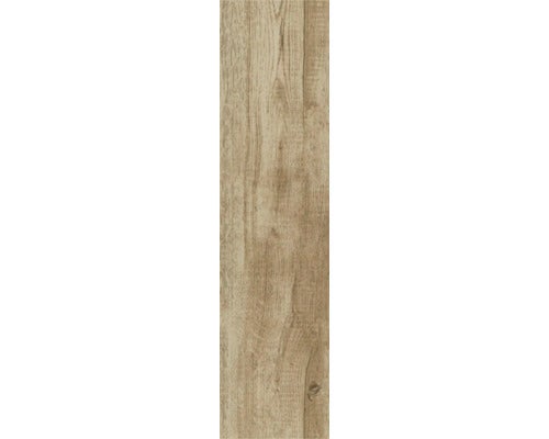 Feinsteinzeug Bodenfliese in Holzoptik, rechteckiges Format mit Maserung.