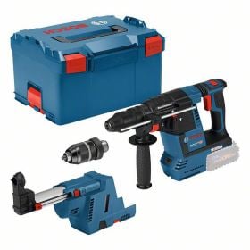Bosch Professional Akku Bohrhammer mit Wechselbohrfutter, Staubabsaugung und Transportkoffer.