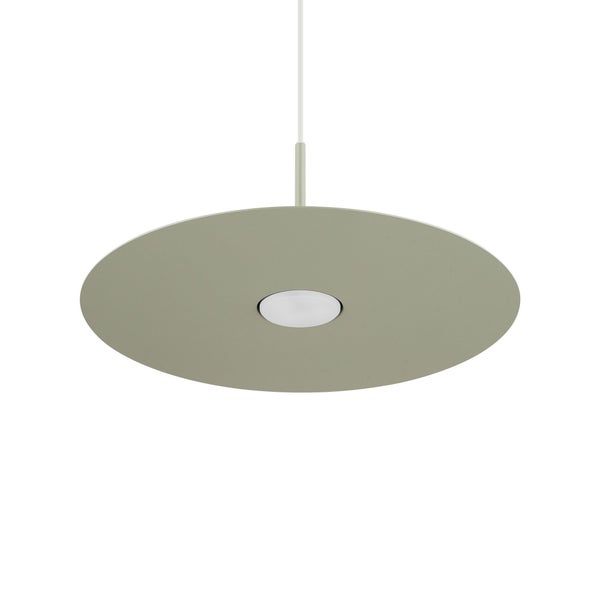 Moderne Pendelleuchte mit flachem, kreisförmigem Schirm und zentralem Lichtelement.