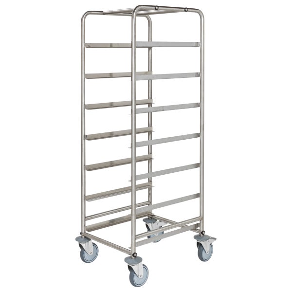 Edelstahl Transportwagen mit Einschüben und Rollen für den Transport von Blechen.