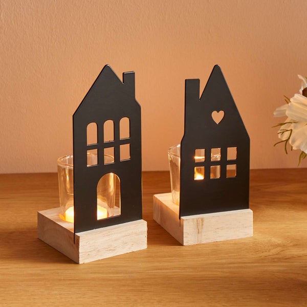 FRANK FLECHTWAREN | Windlicht Haus, 2er Set, METALL, HOLZ, GLAS, 8 x 7 x 15 cm, 8 x 7 x 16 cm