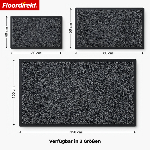 Floordirekt Logo. Drei Schmutzfangmatten in den Größen 40 mal 60, 50 mal 80 und 100 mal 150 Zentimeter.
