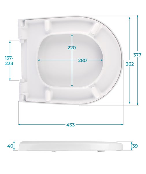 Technische Zeichnung Toilettensitz: Länge 433, Breite 377, Innenöffnung 280 mal 220, Scharnierabstand 137 bis 233, alle Maße in Millimetern.