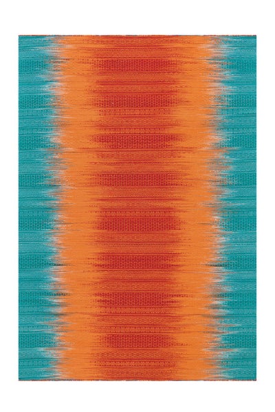 Rechteckiger Webteppich mit abstraktem horizontalem Streifenmuster in Türkis, Orange und Rot.
