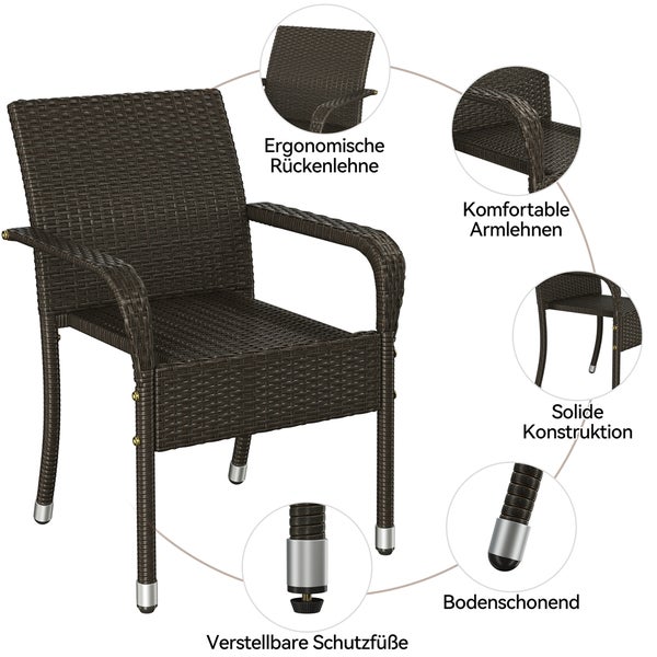Gartenstuhl aus Polyrattan mit ergonomischer Rückenlehne, Armlehnen, stabiler Konstruktion sowie verstellbaren und bodenschonenden Füßen.
