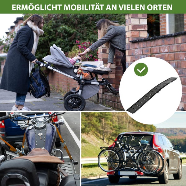 Mehrere Bilder zeigen die Verwendungsmöglichkeiten einer Rollstuhlrampe zur Verbesserung der Mobilität von Kinderwagen, Motorrädern und Fahrrädern.