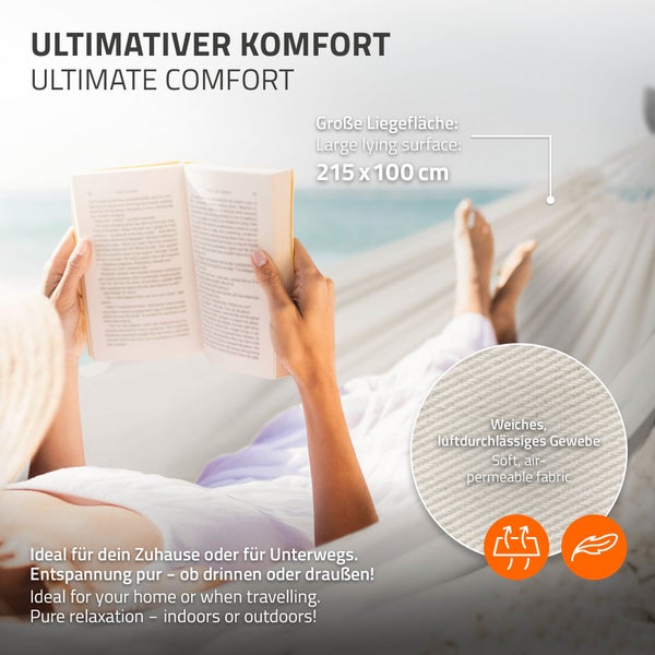 ML-Design Doppel Hängematte mit Stahlgestell, Beige, Platz für 2 Personen, Indoor & Outdoor, XXL Hängesessel mit Tragetasche, Hängemattengestell, Doppelhängematte mit Ständer, für Garten & Balkon