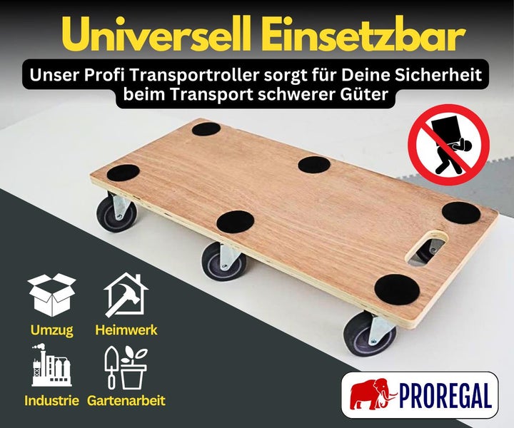 PROREGAL Mega Deal 4x Profi Transportroller mit 6 Rollen HxBxT 11 x 30 x 68 cm Traglast 300 kg Sperrholzplatte Braun