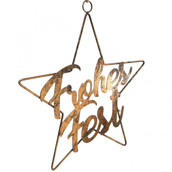 Dekorativer Metallstern mit der Aufschrift Frohes Fest zum Aufhängen