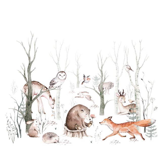 Illustration mit Waldtieren in einer Waldszene