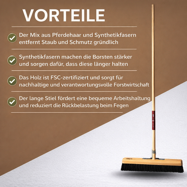 Bodenwischer mit Holzstiel und Borsten aus Pferdehaar und synthetischen Fasern