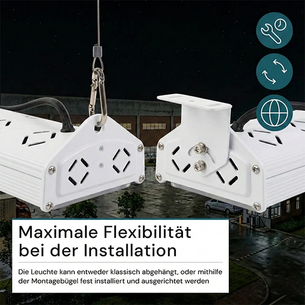 Weiße Hallenleuchte mit zwei Montagearten: klassische Abhängung oder feste Installation mit Bügel. Symbole für einfache und flexible Montage.