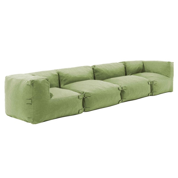 Grünes modulares Sofa aus Textil mit Gurtverbindungen.
