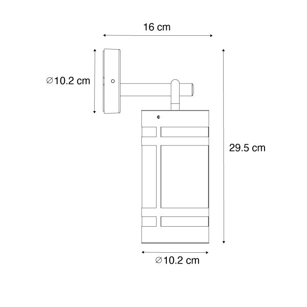 Maßskizze einer Wandleuchte in Zylinderform. Höhe 29,5 Zentimeter, Tiefe 16 Zentimeter, Durchmesser 10,2 Zentimeter.