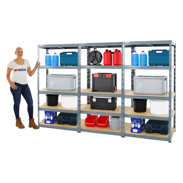 PROREGAL Mega Deal 3x Schwerlastregal Tiger HxBxT 180 x 90 x 60 cm Fachlast 265 kg 5-Ebenen Grau