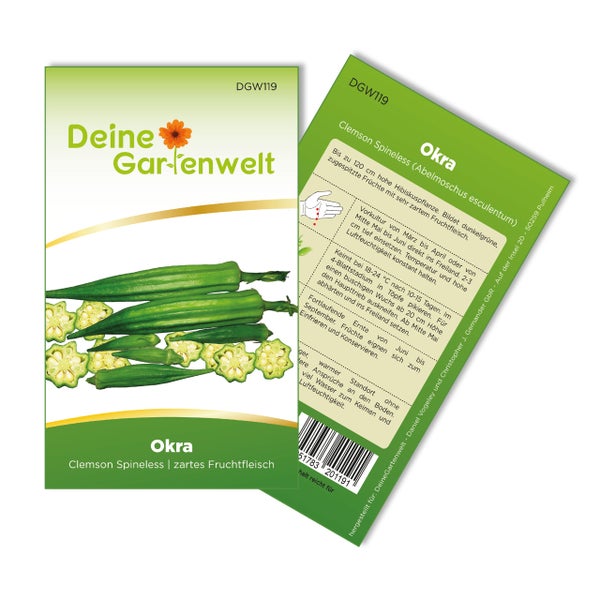 Samentüte für Okra Clemson Spineless der Marke Deine Gartenwelt mit Abbildung von Okraschoten und Anbauanleitung.