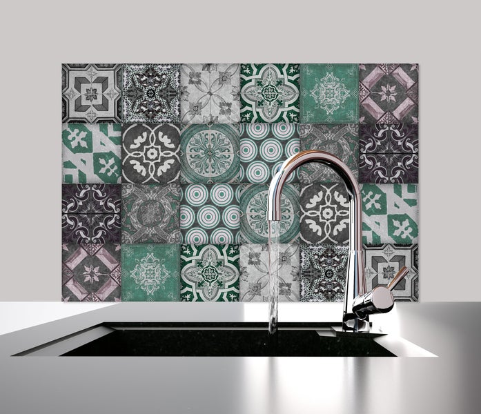 Küchen Spritzschutz | Küchenrückwand | Alu-DiBond | Fliesenschutz für den Herd und Spüle | Küche | Küchenfliesen | Fliesenspiegel | Rückwand, Größe: 60 x 40 x 0.3 cm Küchenrückwand und Spritzschutz Grün Grau Mosaik