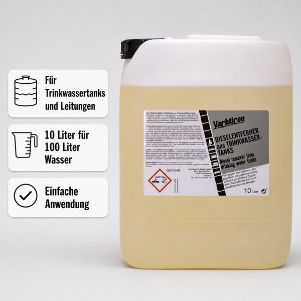 Yachticon Dieselentferner für Trinkwassertanks in einem 10 Liter Kanister zur Reinigung von Wassertanks und Leitungen.