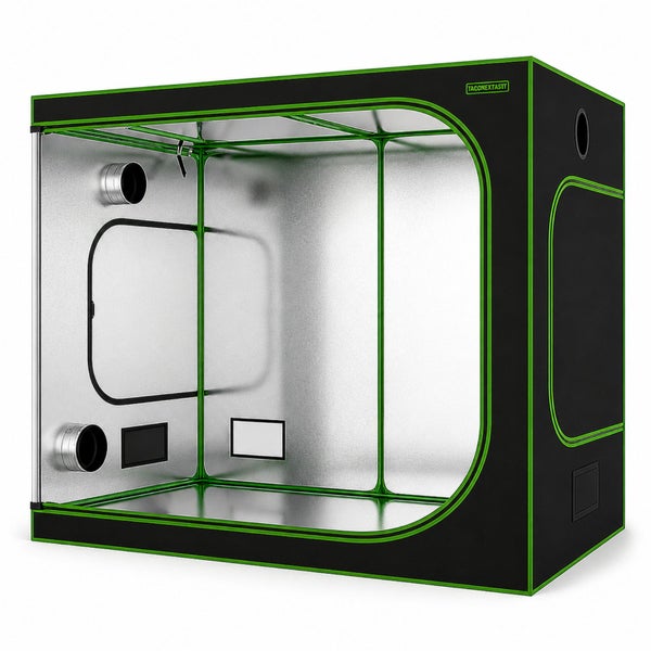 Growbox mit silberner Innenbeschichtung, Belüftungsöffnungen und grünem Gestänge. TAGONEXTASTY Logo.